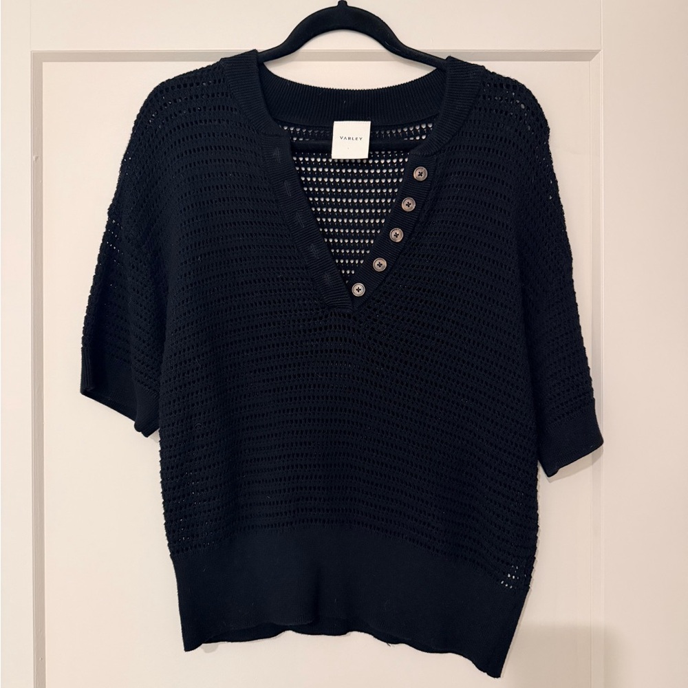 Varley Open Knit Short Sleeve Black Button-Detail Sweater